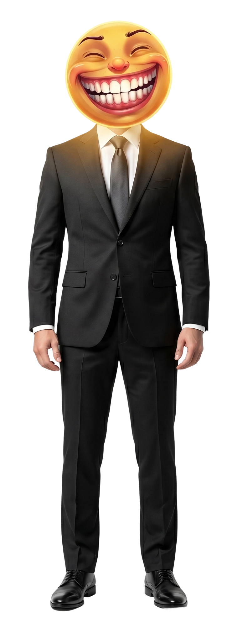 The Happy Guy mascot standing in a suit